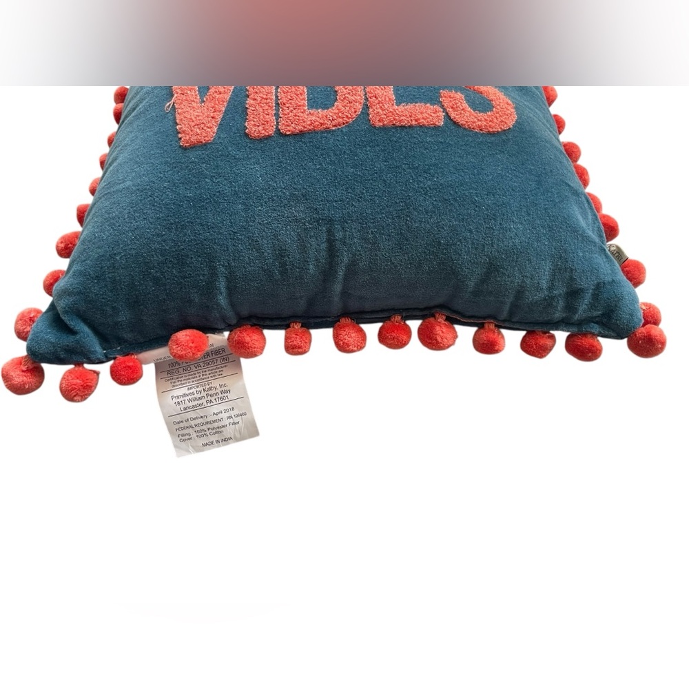 PRIMITIVES BY KATHY Blue Pillow with Coral Text and Pom-Poms “Good Vibes” - Picture 7 of 8